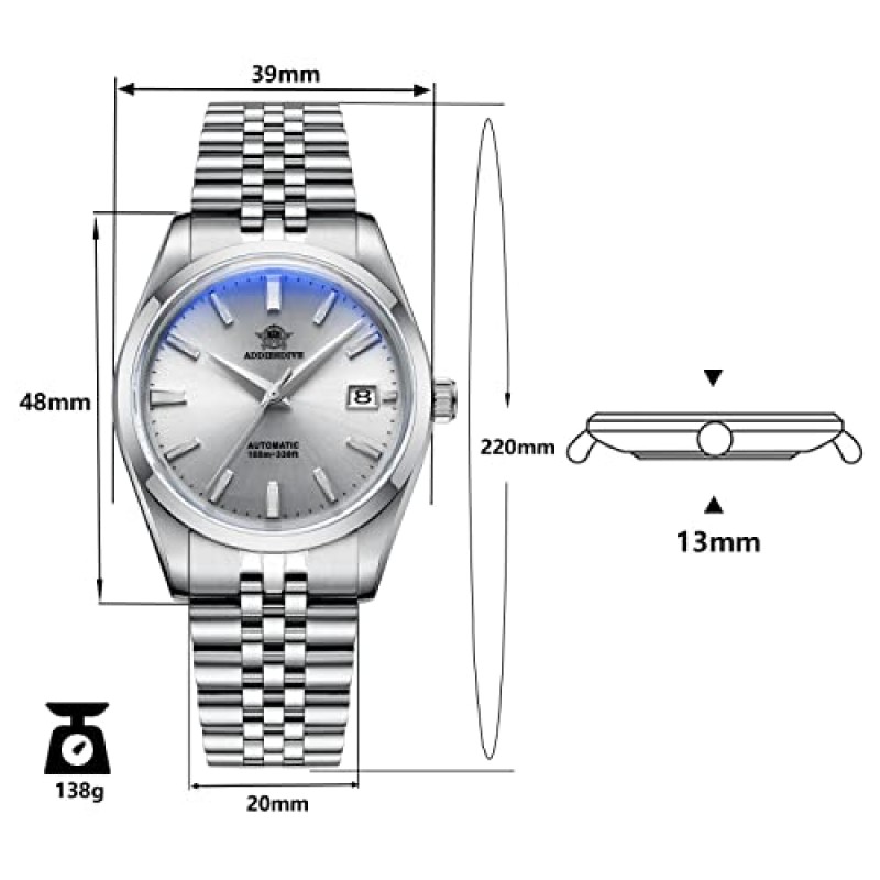 ADDIESDIVE 39MM 자동 시계 또는 남성용 심플 실버 다이얼 희년 스틸 스트랩 NH35A 무브먼트 AD2029
