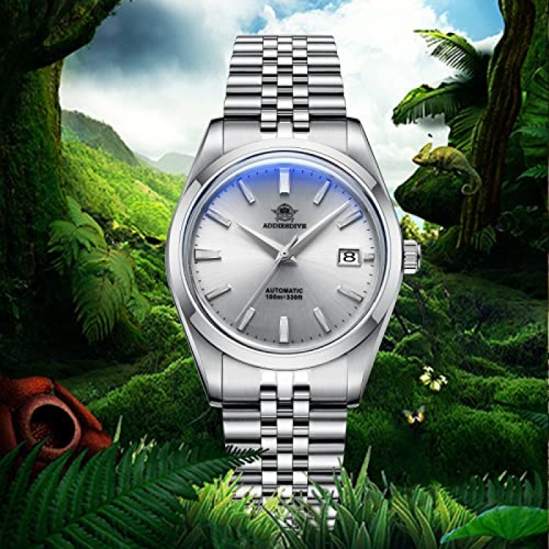 ADDIESDIVE 39MM 자동 시계 또는 남성용 심플 실버 다이얼 희년 스틸 스트랩 NH35A 무브먼트 AD2029