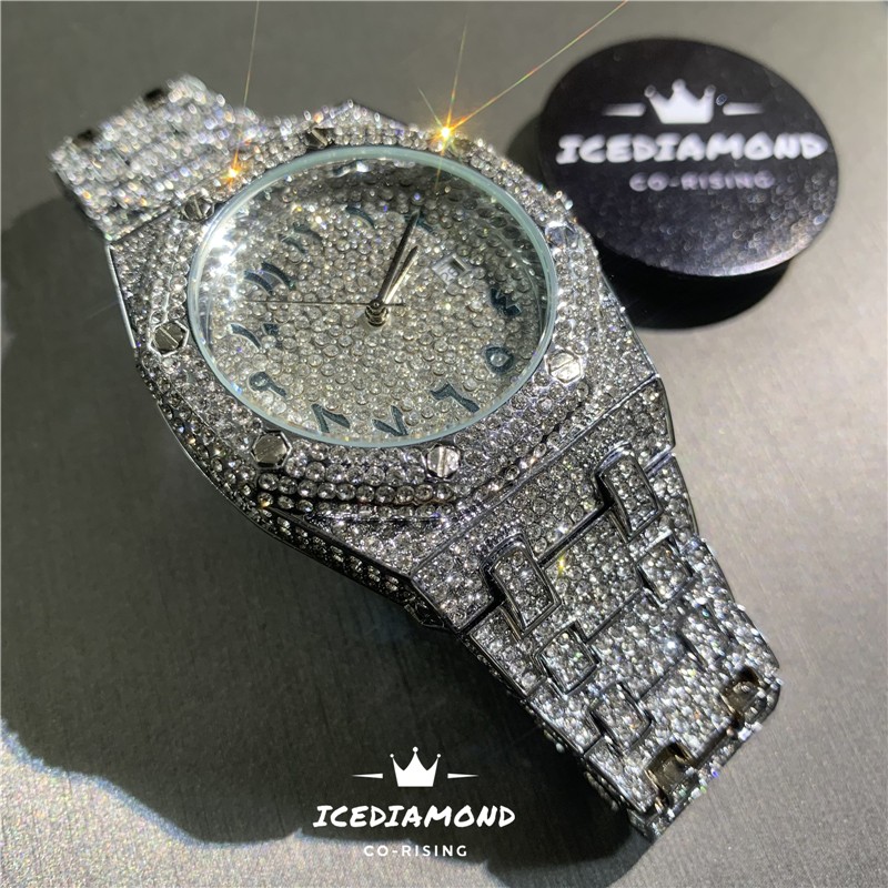 ICEDIAMOND 전체 CZ 시뮬레이션 다이아몬드 참 석영 손목 시계, 분리 가능한 스트랩 밴드가 있는 밝은 지르콘 스톤 43MM 캘린더 다이얼, 남성용 힙합 트렌드 쥬얼리