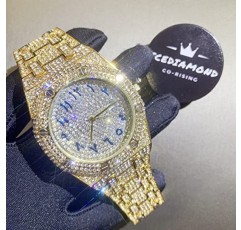 ICEDIAMOND 전체 CZ 시뮬레이션 다이아몬드 참 석영 손목 시계, 분리 가능한 스트랩 밴드가 있는 밝은 지르콘 스톤 43MM 캘린더 다이얼, 남성용 힙합 트렌드 쥬얼리