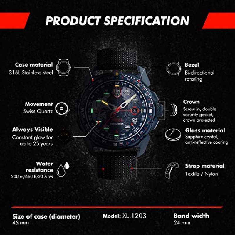 Luminox ICE-SAR Arctic XL.1203 남성용 시계 46mm - 블랙 날짜 기능 200m 방수 사파이어 글래스 어드벤처 시계