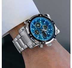 남성용 Stauer 블루 스톤 스테인레스 스틸 크로노그래프 시계 – 스테인레스 스틸 팔찌가 있는 블루 다이얼 아날로그 및 디지털 시계 – Led 서브 다이얼이 있는 듀얼 타임 시계 – 남성용 럭셔리 선물