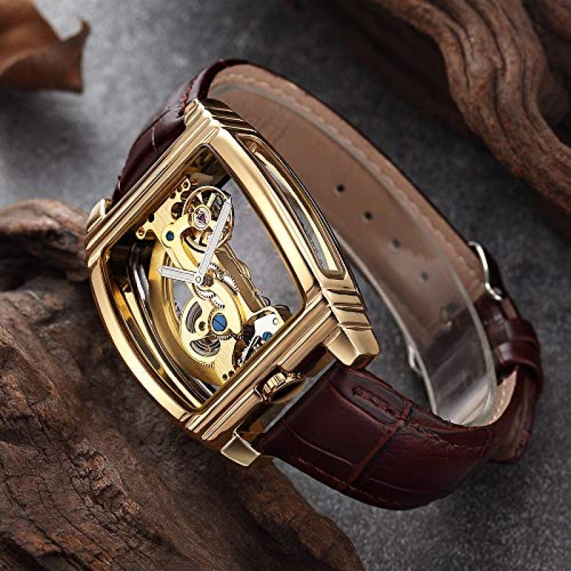 MASTOP Mens Luxury BusinessTransparent 자동 Steampunk 스켈레톤 자동 와인딩 기계식 가죽 드레스 손목 시계