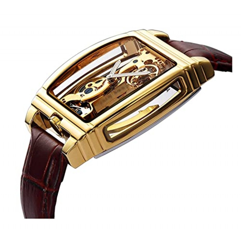 MASTOP Mens Luxury BusinessTransparent 자동 Steampunk 스켈레톤 자동 와인딩 기계식 가죽 드레스 손목 시계