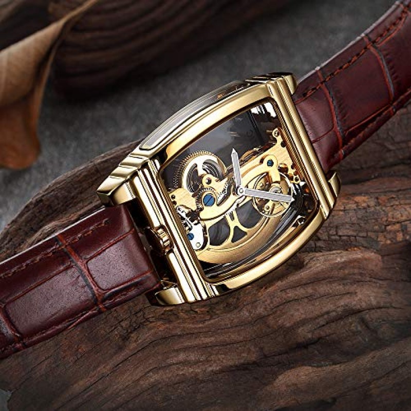 MASTOP Mens Luxury BusinessTransparent 자동 Steampunk 스켈레톤 자동 와인딩 기계식 가죽 드레스 손목 시계