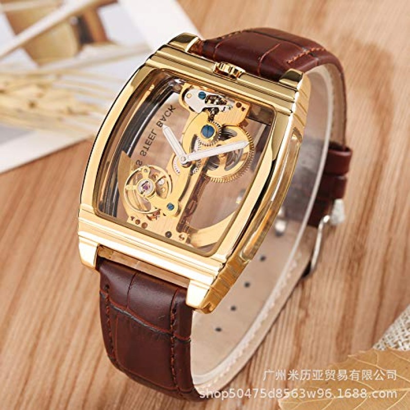 MASTOP Mens Luxury BusinessTransparent 자동 Steampunk 스켈레톤 자동 와인딩 기계식 가죽 드레스 손목 시계