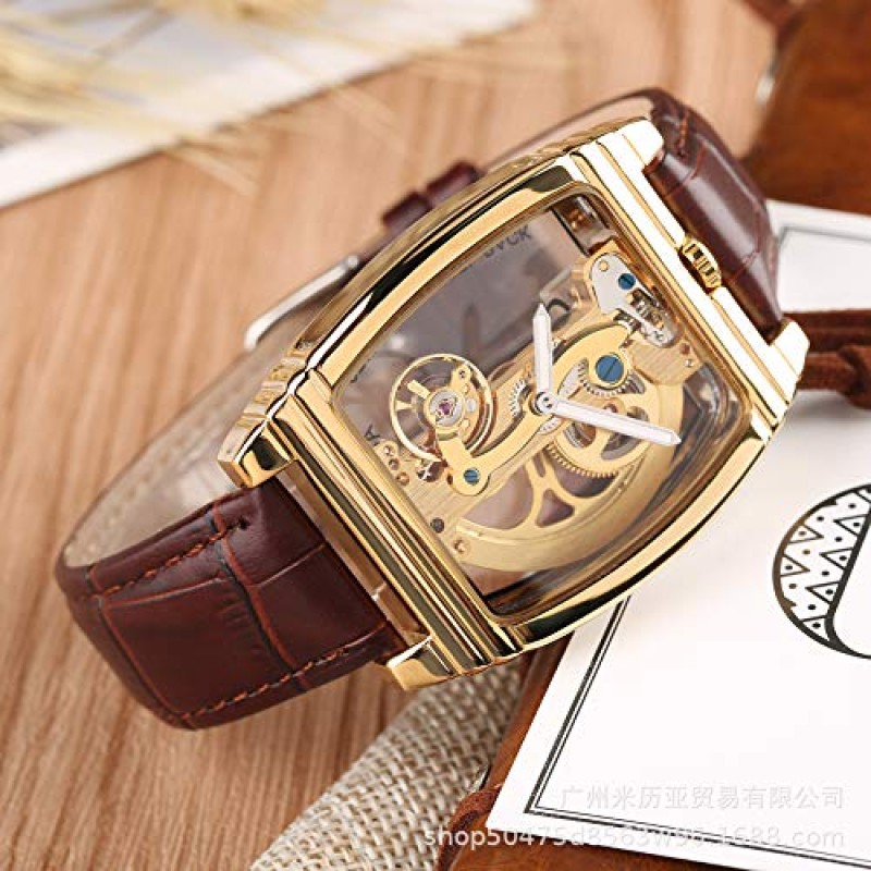 MASTOP Mens Luxury BusinessTransparent 자동 Steampunk 스켈레톤 자동 와인딩 기계식 가죽 드레스 손목 시계