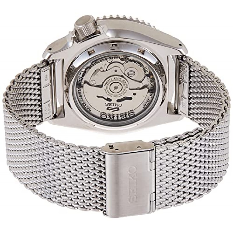 남성용 SEIKO SRPD73 시계 - 5가지 스포츠 - 수동 와인딩 무브먼트를 갖춘 오토매틱, 블랙 베젤이 있는 블랙 다이얼, 스테인리스 스틸 케이스 및 메쉬 팔찌, 100m 방수 및 요일/날짜 표시