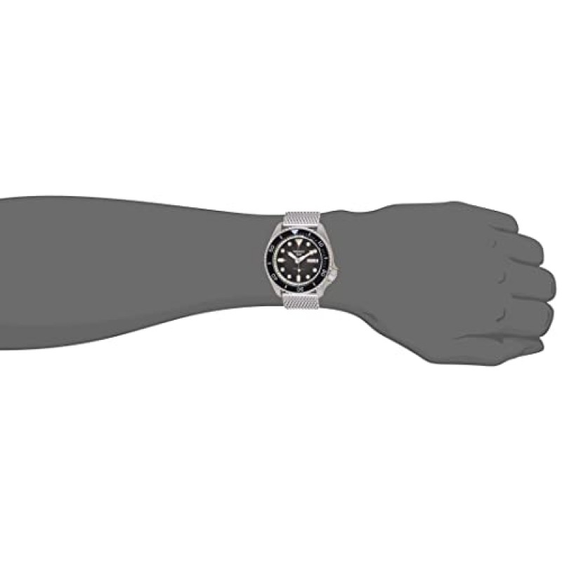 남성용 SEIKO SRPD73 시계 - 5가지 스포츠 - 수동 와인딩 무브먼트를 갖춘 오토매틱, 블랙 베젤이 있는 블랙 다이얼, 스테인리스 스틸 케이스 및 메쉬 팔찌, 100m 방수 및 요일/날짜 표시