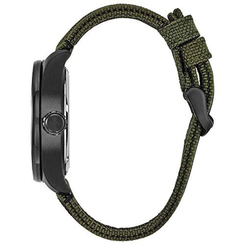 Citizen 남성용 스포츠 캐주얼 Garrison 3-핸드 에코드라이브 Cordura® 스트랩 시계, ​​아랍어 마커, 블랙 이온 도금, 12/24시간 시간, 야광 시계 바늘 및 마커, 현장 시계