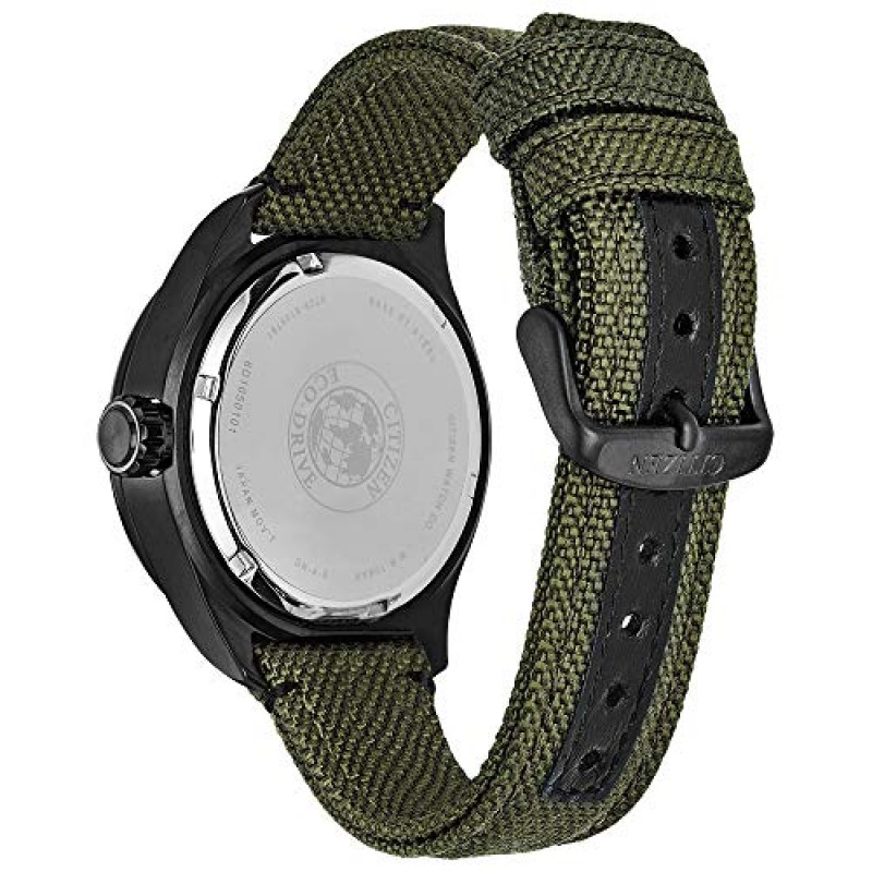 Citizen 남성용 스포츠 캐주얼 Garrison 3-핸드 에코드라이브 Cordura® 스트랩 시계, ​​아랍어 마커, 블랙 이온 도금, 12/24시간 시간, 야광 시계 바늘 및 마커, 현장 시계
