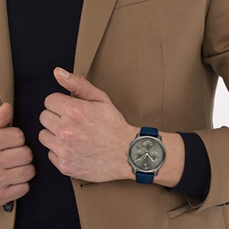 Movado 볼드 씬 남성용 스위스 Qtz 크로노 스테인리스 스틸 및 가죽 스트랩 캐주얼 시계, 색상: 네이비(모델: 3600720)