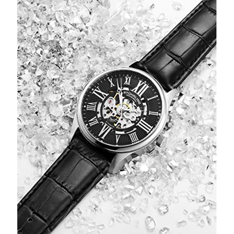Stuhrling Original Mens 아트리움 스켈레톤 자동 자동 와인딩 기계식 드레스 시계(프리미엄 가죽 밴드 포함)
