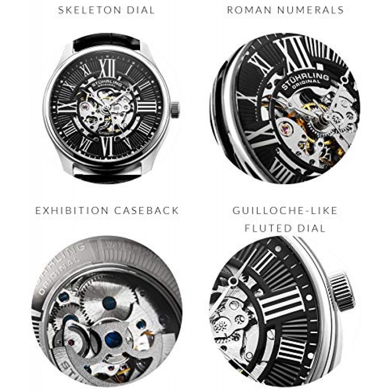 Stuhrling Original Mens 아트리움 스켈레톤 자동 자동 와인딩 기계식 드레스 시계(프리미엄 가죽 밴드 포함)