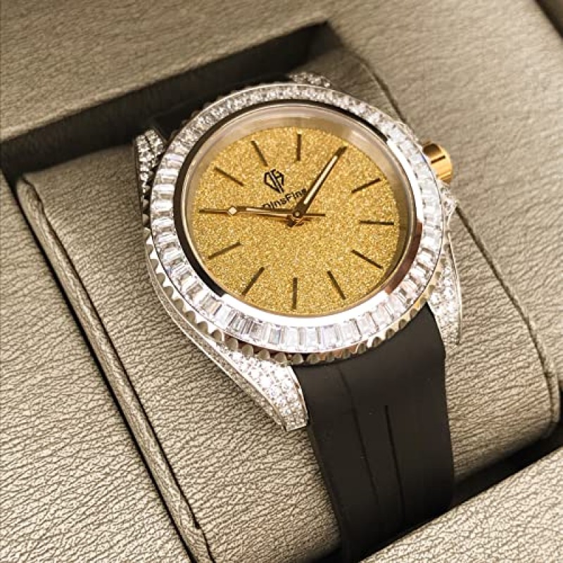 40mm 남성용 시계 아이스 아웃 블링 다이아몬드 자동 사파이어 안경 스테인레스 스틸 손목 실버 골드