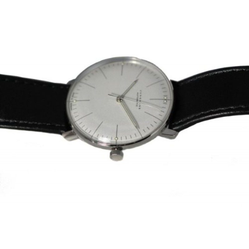 Junghans Max Bill 자동 남성용 시계 - 빛나는 바늘이 있는 38mm 아날로그 화이트 페이스 클래식 시계 - 스테인레스 스틸 블랙 가죽 밴드 남성용 고급 시계 Made in Germany 027/3501.00