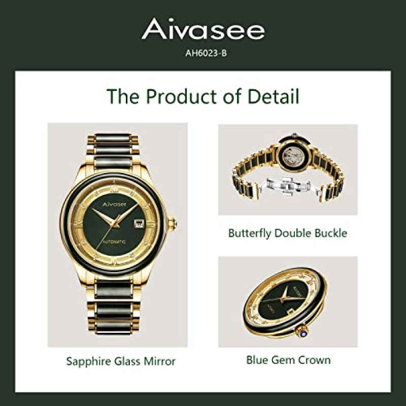 Aivasee 남성용 자동 손목 시계 스테인레스 스틸 밴드가 있는 블랙 옥 다이얼 시계, 날짜 창이 있는 보석 럭셔리 라인스톤 드레스 시계(모델: AH6023B)