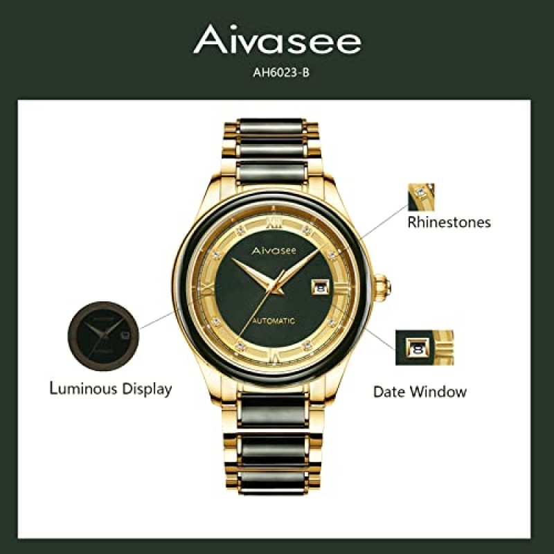 Aivasee 남성용 자동 손목 시계 스테인레스 스틸 밴드가 있는 블랙 옥 다이얼 시계, 날짜 창이 있는 보석 럭셔리 라인스톤 드레스 시계(모델: AH6023B)