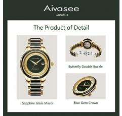 Aivasee 남성용 자동 손목 시계 스테인레스 스틸 밴드가 있는 블랙 옥 다이얼 시계, 날짜 창이 있는 보석 럭셔리 라인스톤 드레스 시계(모델: AH6023B)