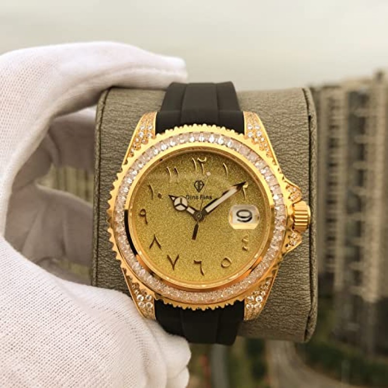 DinsFins 43mm 다이아몬드 시계 아이스 아웃 블링 Autoamtic 시계 옐로우 골드 고무