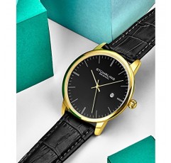 Stuhrling 오리지널 남성용 시계 송아지 가죽 스트랩 - 드레스 + 캐주얼 디자인 - 날짜가 있는 아날로그 시계 다이얼, 남성용 시계 3997Z(블랙 골드)