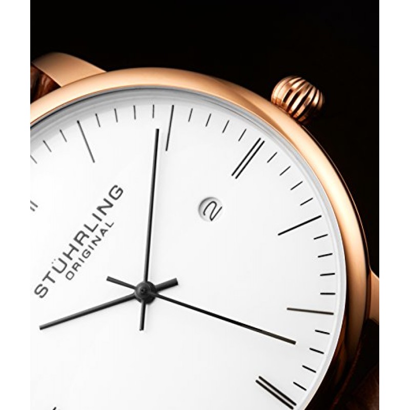 Stuhrling 오리지널 남성용 시계 송아지 가죽 스트랩 - 드레스 + 캐주얼 디자인 - 날짜가 있는 아날로그 시계 다이얼, 남성용 시계 3997Z(로즈 골드 화이트)