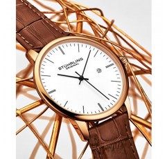 Stuhrling 오리지널 남성용 시계 송아지 가죽 스트랩 - 드레스 + 캐주얼 디자인 - 날짜가 있는 아날로그 시계 다이얼, 남성용 시계 3997Z(로즈 골드 화이트)