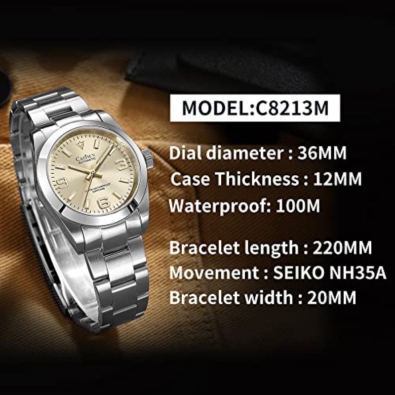 CADISEN 자동 남성용 시계 36MM 사파이어 기계식 손목 시계 스테인레스 스틸 방수 시계 캐주얼 오마주