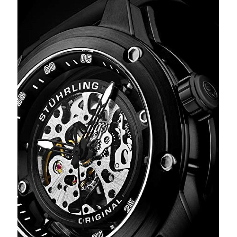 Stuhrling 오리지널 남성 자동 시계 해골 스테인레스 스틸 자동 와인딩 드레스 시계 고무 스트랩 50MM (블랙)
