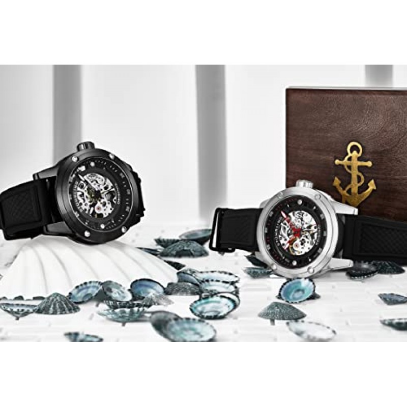 Stuhrling 오리지널 남성 자동 시계 해골 스테인레스 스틸 자동 와인딩 드레스 시계 고무 스트랩 50MM (블랙)