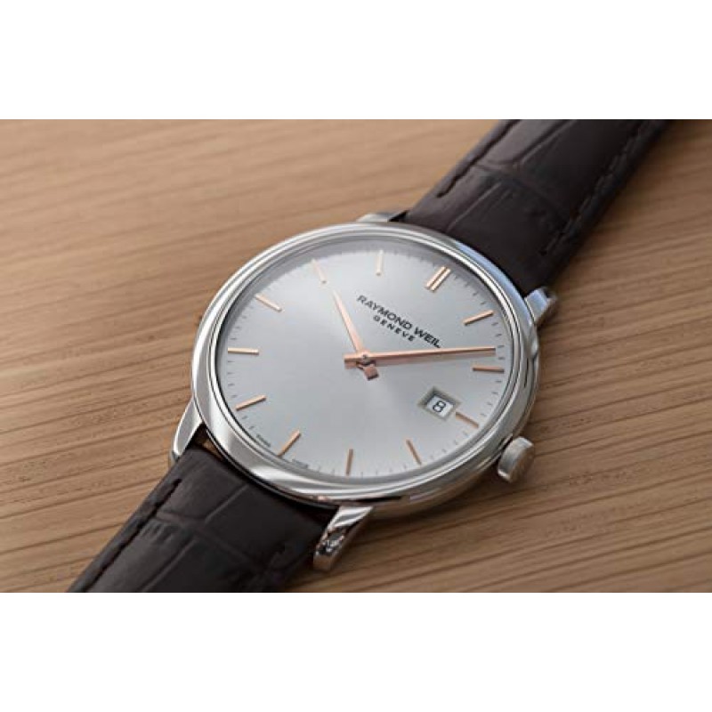 RAYMOND WEIL Toccata 클래식 남성용 실버 쿼츠 시계, 스테인리스 스틸, 브라운 가죽 스트랩, 실버 다이얼 39mm(5485-SL5-65001)