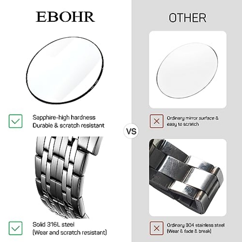 EBOHR 남성용 패션 쿼츠 시계 - 얇은 7.15mm 본체, 긁힘 방지 사파이어 유리, 316L 스테인레스 스틸, 더블 클릭 접이식 걸쇠 M5029-B