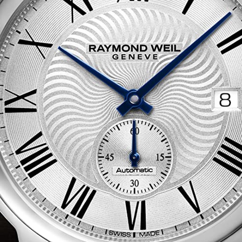 Raymond Weil Maestro 남성용 오토매틱 시계, 스테인리스 스틸, 실버 다이얼 로마 숫자, 블랙 가죽 스트랩 39.5mm(모델: 2238-STC-00659)