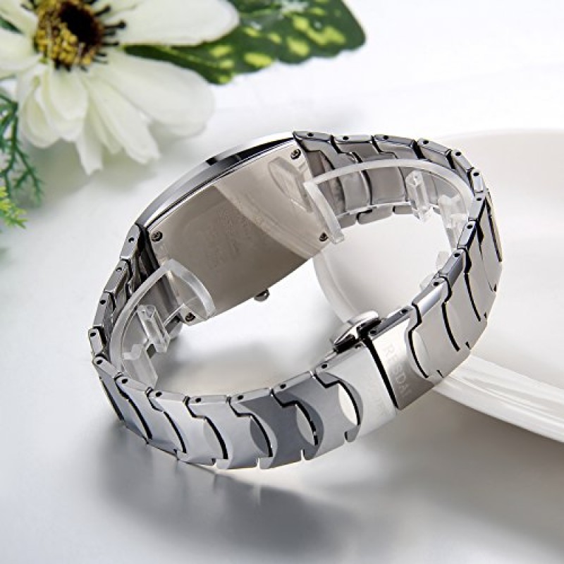 JewelryWe 남자 시계 사각형 다이얼 석영 달력 시계 실버 텅스텐 카바이드 손목시계, 아버지의 날