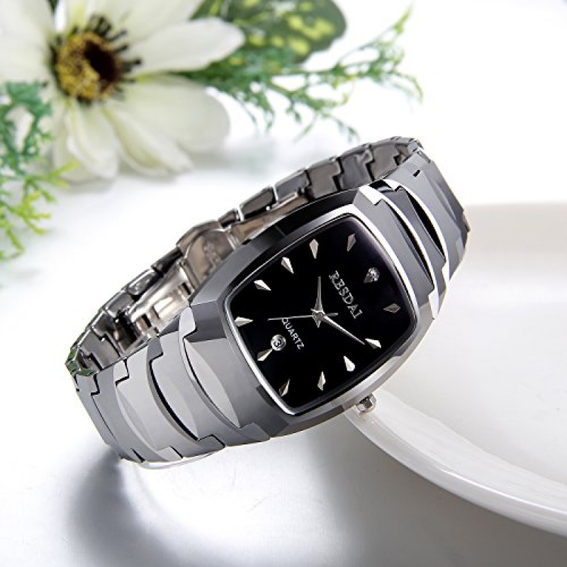 JewelryWe 남자 시계 사각형 다이얼 석영 달력 시계 실버 텅스텐 카바이드 손목시계, 아버지의 날