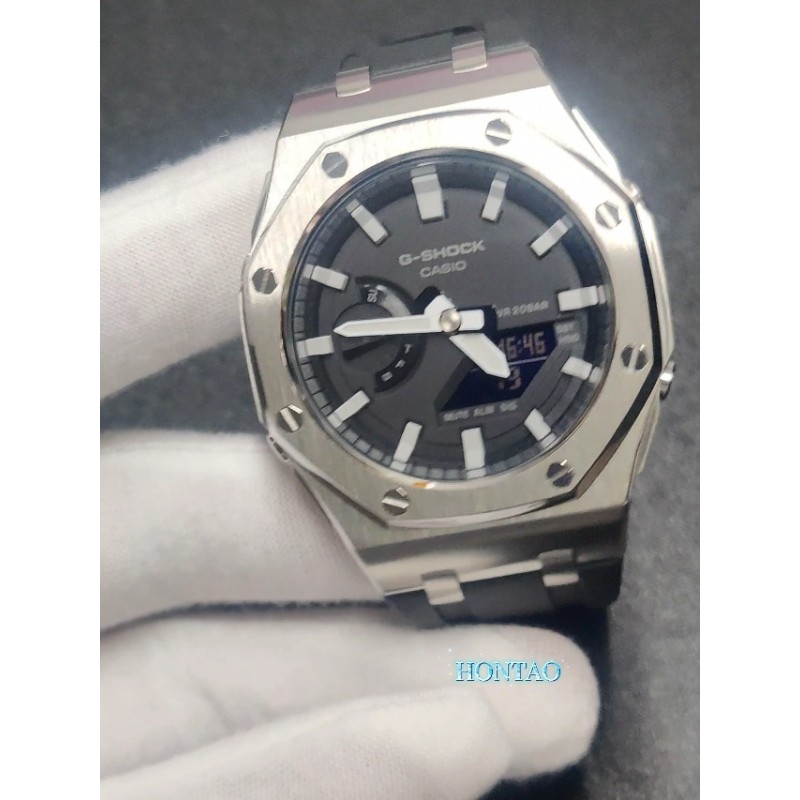 Hontao GA2100 4rd Casioak Offshore 44mm 스테인레스 스틸 시계 베젤 불소 고무 스트랩 남성용 시계 용 개조 키트 GA-2100/GA-2110/GA-B2100