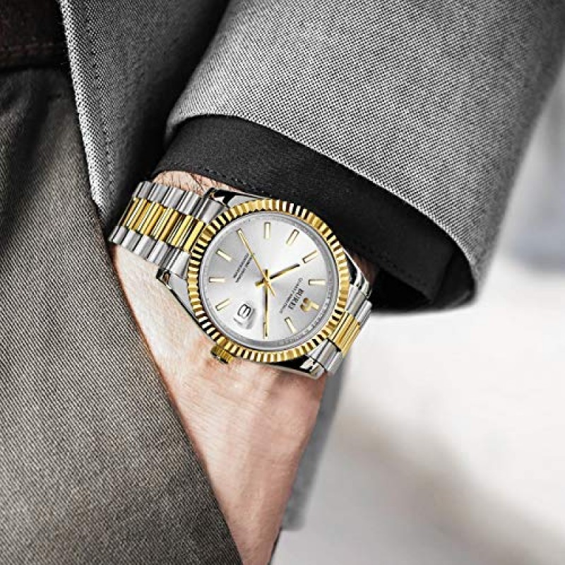 BUREI 남성용 쿼츠 시계 날짜 표시(스테인리스 스틸 밴드 포함) 남성용 비즈니스 손목시계