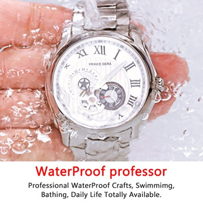 남자 시계 PRINCE GERA 블랙 스포츠 스테인레스 스틸 아날로그 디스플레이 기계식 손목 시계 크리스마스 선물