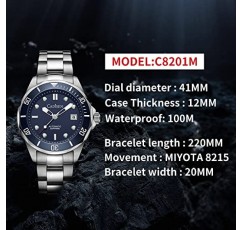 CADISEN 남성용 자동 기계식 시계 남성용 캐주얼 시계 방수 사파이어 손목시계