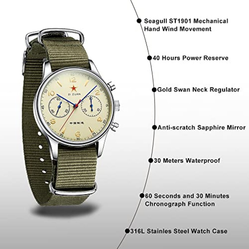 SEVEN XII 크로노 그래프 남자 시계 ST1901 기계식 무브먼트 핸드 와인딩 38MM 40MM 남자 손목 시계 사파이어 크리스탈 방수 군사 파일럿 시계 남성용