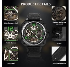 GEFTZRD 남성용 자동 시계, 가죽 밴드가 있는 스테인레스 스틸 케이스, 50M 방수 남성용 기계식 손목 시계