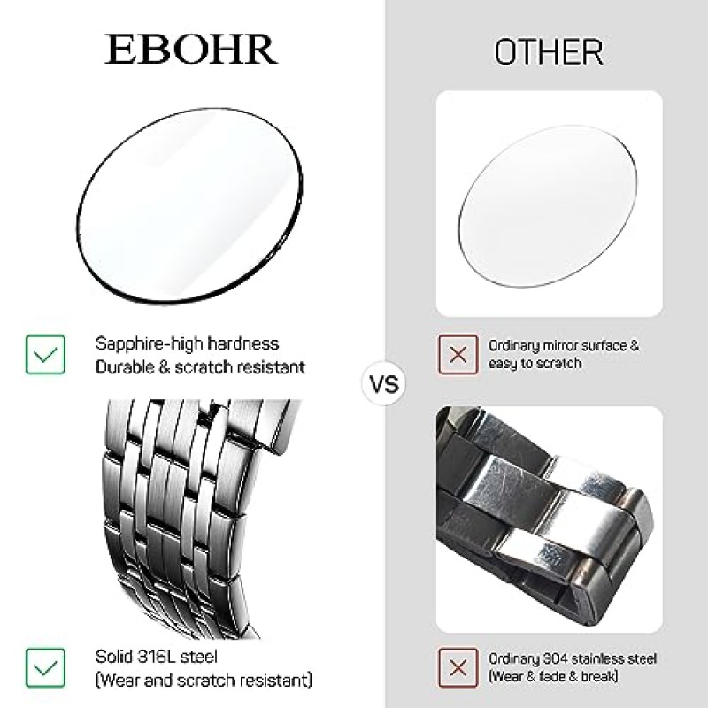 EBOHR 남성용 21보석 기계식 시계 316L 스테인레스 스틸 손목 시계 다기능 발광 다이얼 및 손 읽기 쉬운 43MM 비즈니스 클래식 시계