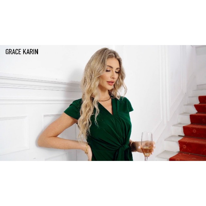 GRACE KARIN 여성 여름 미디 드레스 캡 슬리브 타이 허리 작업 드레스 슬릿 v 넥 Bodycon 드레스 비즈니스 캐주얼 의상