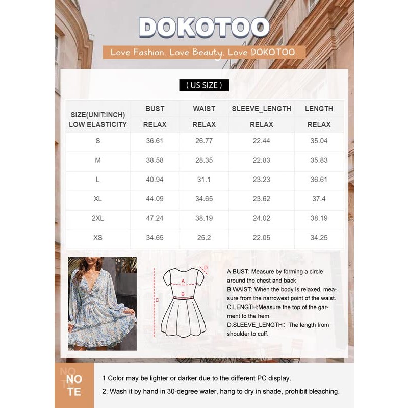 Dokotoo Womens 2023 봄 여름 딥 브이 넥 프릴 긴 소매 꽃 프린트 미니 드레스