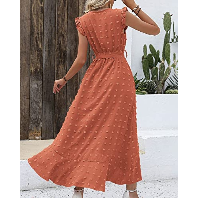 BTFBM 여성 2023 여름 랩 V 넥 드레스 프릴 슬리브 스위스 도트 Boho 프릴 슬릿 비치 파티 Flowy Long Maxi Dresses