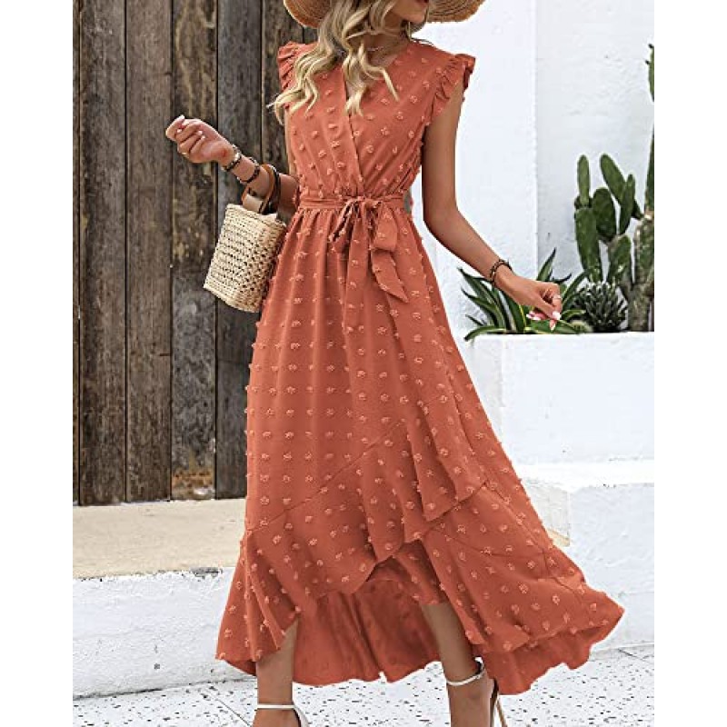 BTFBM 여성 2023 여름 랩 V 넥 드레스 프릴 슬리브 스위스 도트 Boho 프릴 슬릿 비치 파티 Flowy Long Maxi Dresses