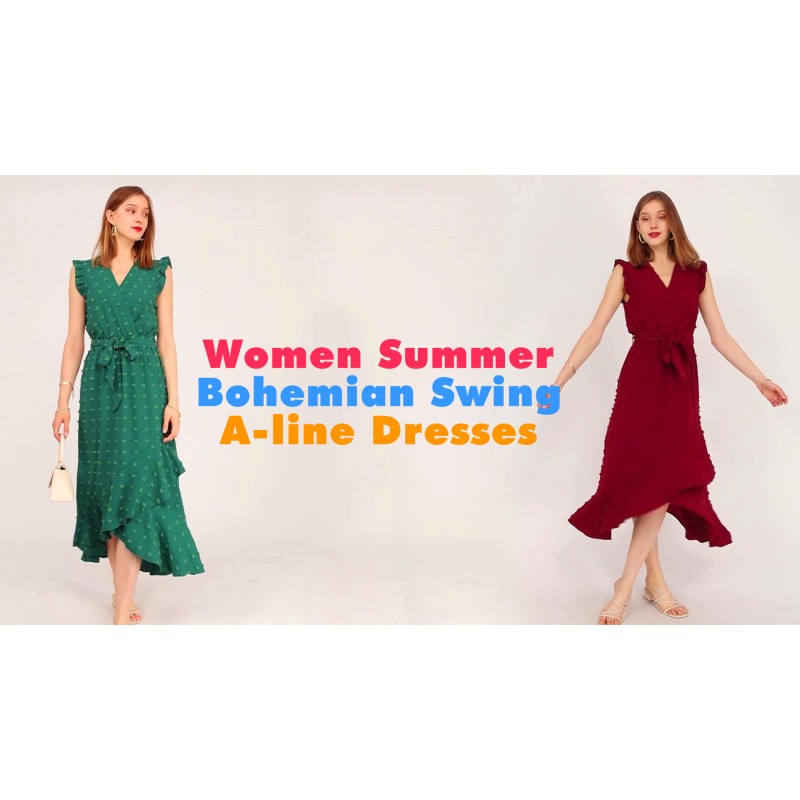 BTFBM 여성 2023 여름 랩 V 넥 드레스 프릴 슬리브 스위스 도트 Boho 프릴 슬릿 비치 파티 Flowy Long Maxi Dresses