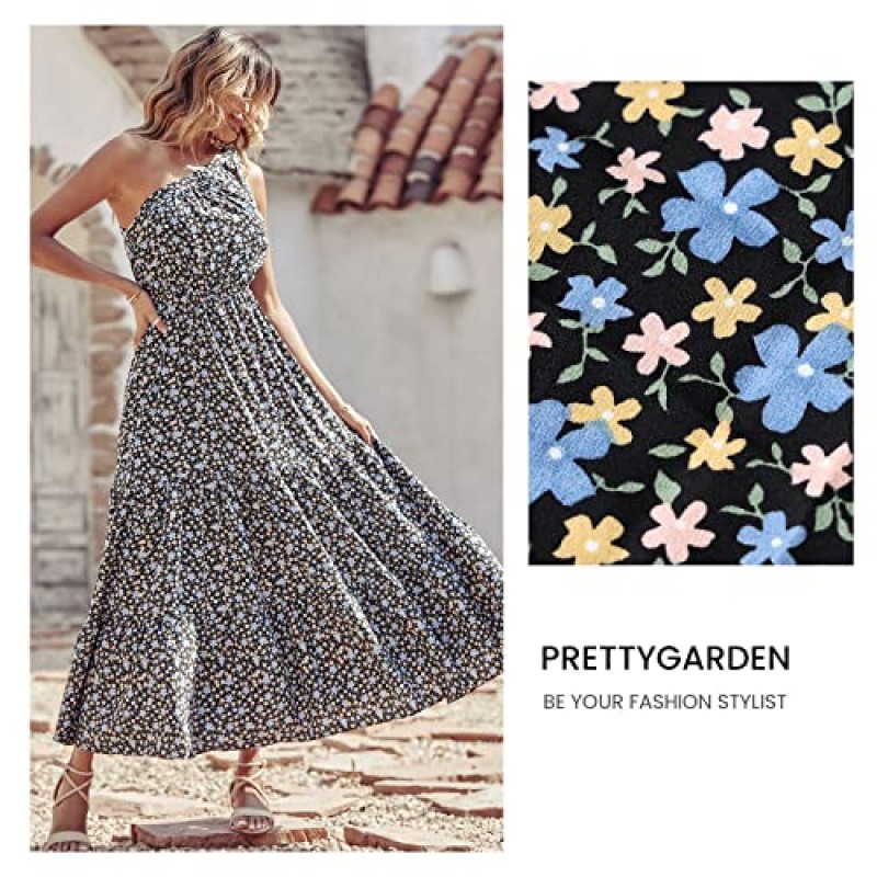 PRETTYGARDEN 여성용 꽃 무늬 맥시 드레스 2023 매듭 원 숄더 민소매 프릴 밑단 Flowy Boho Dresses