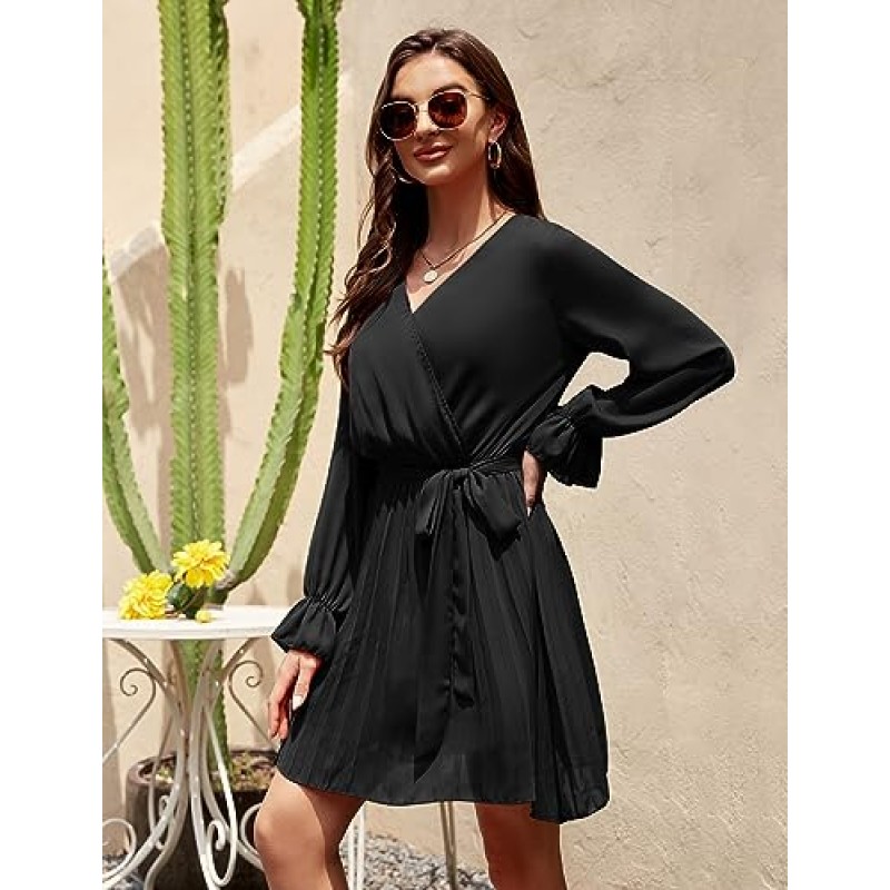 BBX Lephsnt 여성 여름 캐주얼 웨딩 게스트 드레스 긴 퍼프 슬리브 V 넥 Pleated Ruffle Flowy Belted Mini Dress