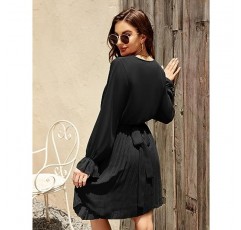 BBX Lephsnt 여성 여름 캐주얼 웨딩 게스트 드레스 긴 퍼프 슬리브 V 넥 Pleated Ruffle Flowy Belted Mini Dress